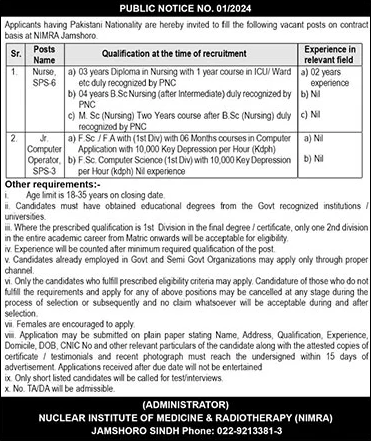 NIMRA Cancer Hospital Jamshoro Jobs September 2024