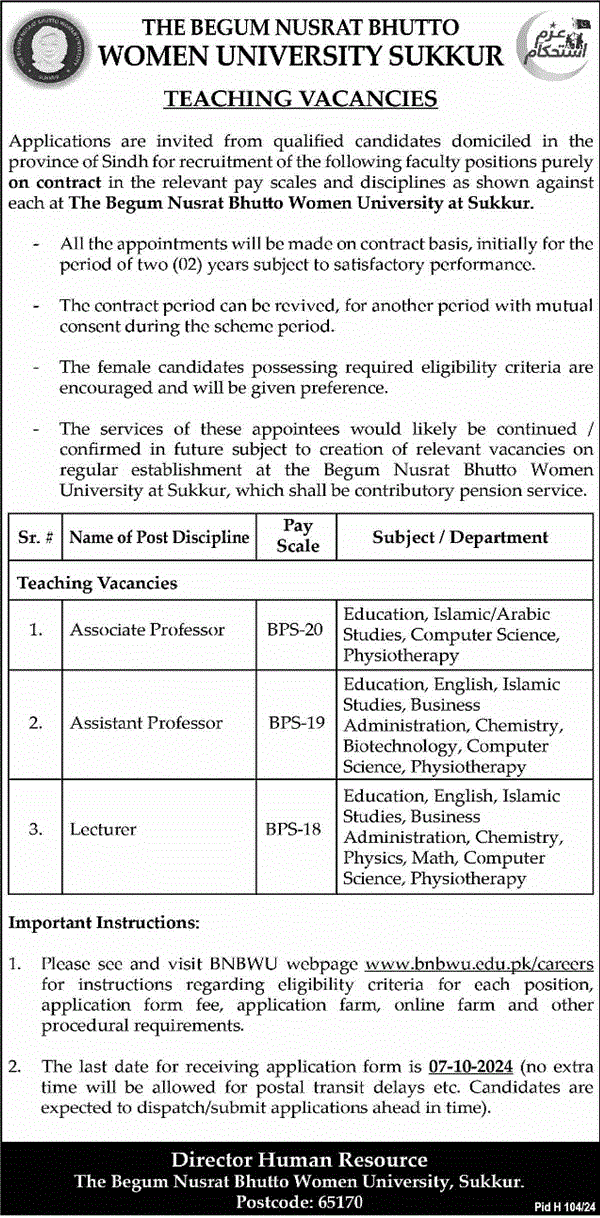 Begum Nusrat Bhutto Women University Sukkur Jobs 2024 September