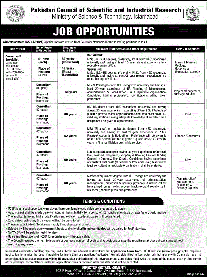 PCSIR Islamabad Jobs September 2024