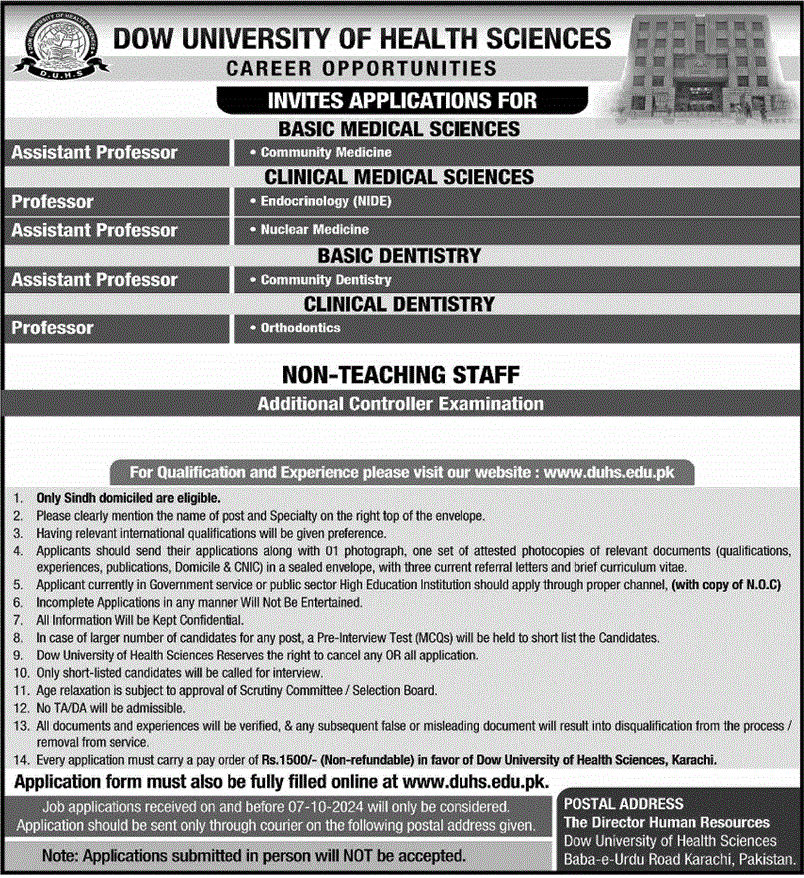 Dow University of Health Sciences Karachi Jobs September 2024