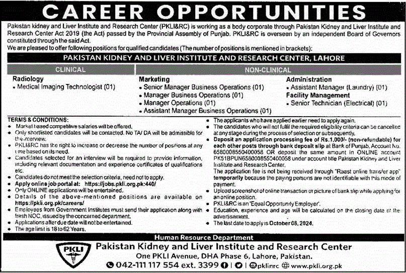 Pakistan Kidney and Liver Institute Lahore Jobs September 2024