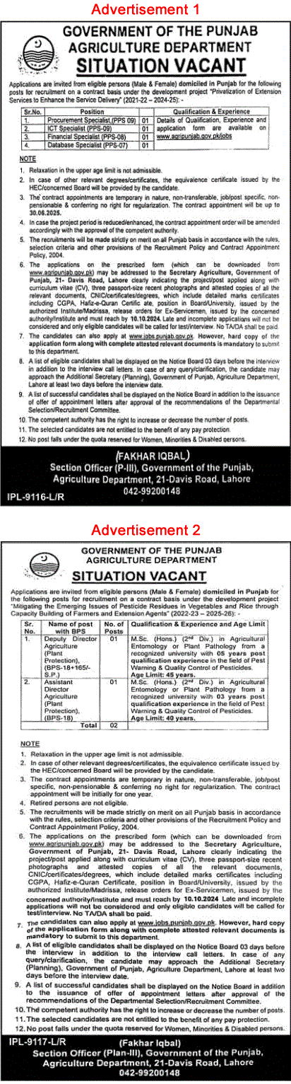 Agriculture Department Punjab Jobs September 2024