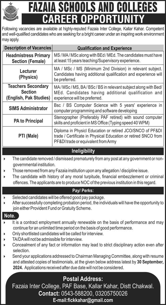 Fazaia Inter College Kallar Kahar Jobs September 2024