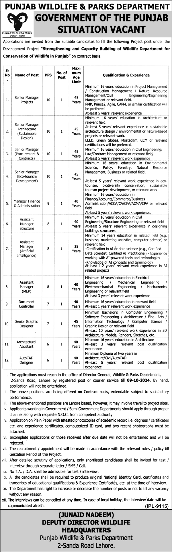 Punjab Wildlife and Parks Department Jobs 2024 September