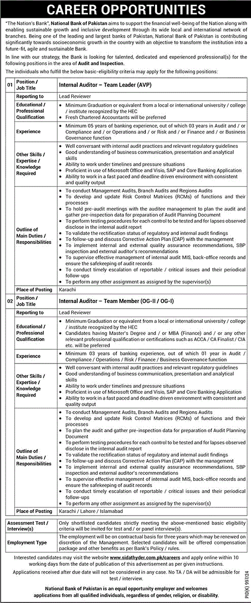 Internal Auditor Jobs in National Bank of Pakistan September 2024