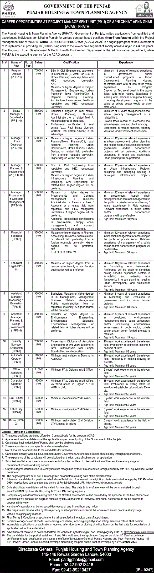 Punjab Housing and Town Planning Agency Jobs September 2024