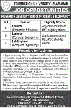 Foundation University Islamabad Jobs September 2024