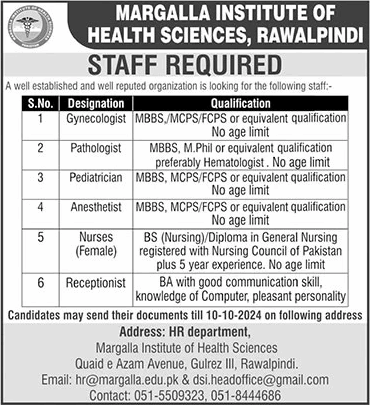 Margalla Institute of Health Sciences Rawalpindi Jobs 2024