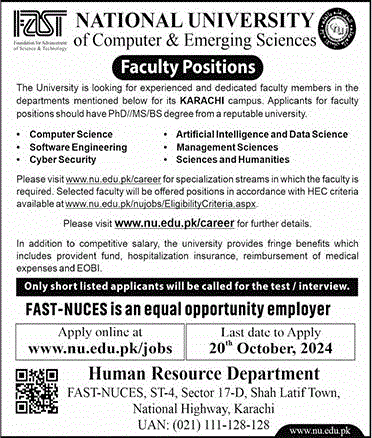 FAST University Karachi Jobs October 2024