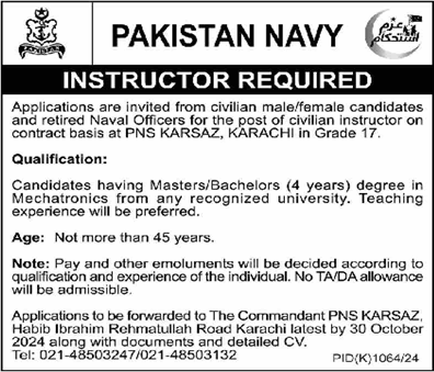 Civilian Instructor Jobs in Pakistan Navy 2024