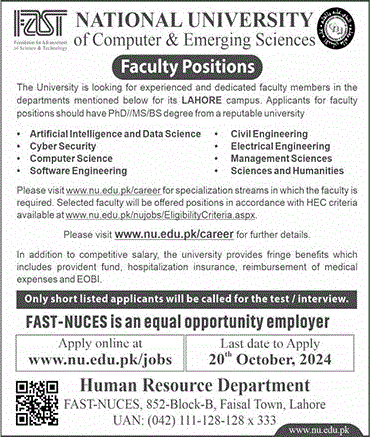 Teaching Faculty Jobs in FAST University Lahore October 2024