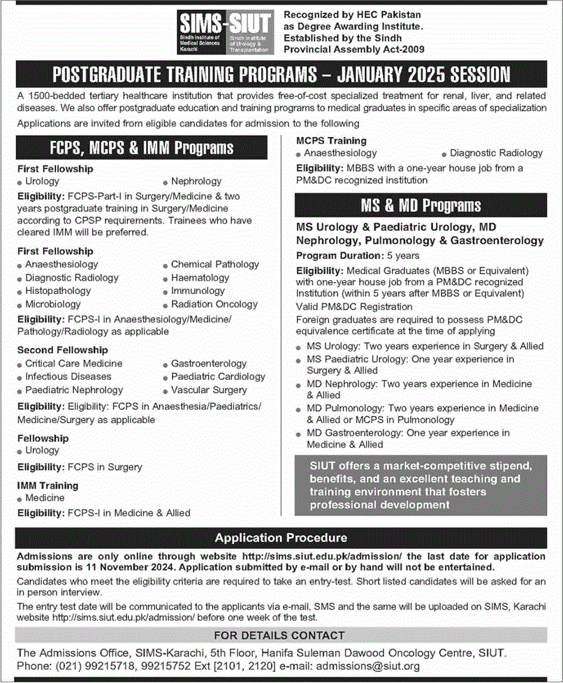 SIUT Karachi Postgraduate Training Program October 2024