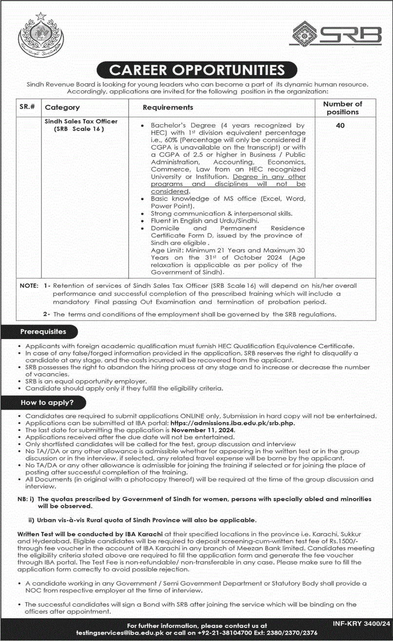 Sales Tax Officer Jobs in Sindh Revenue Board October 2024