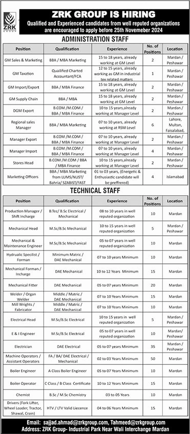 ZRK Group Pakistan Jobs October 2024