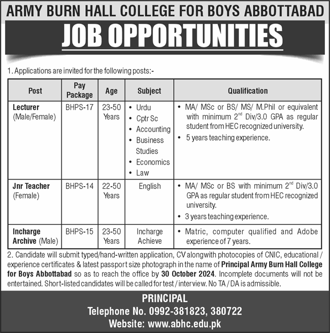 Army Burn Hall College for Boys Abbottabad Jobs October 2024