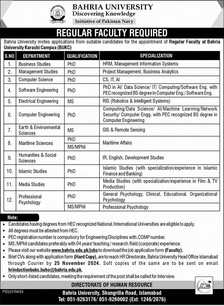 Bahria University Karachi Jobs November 2024