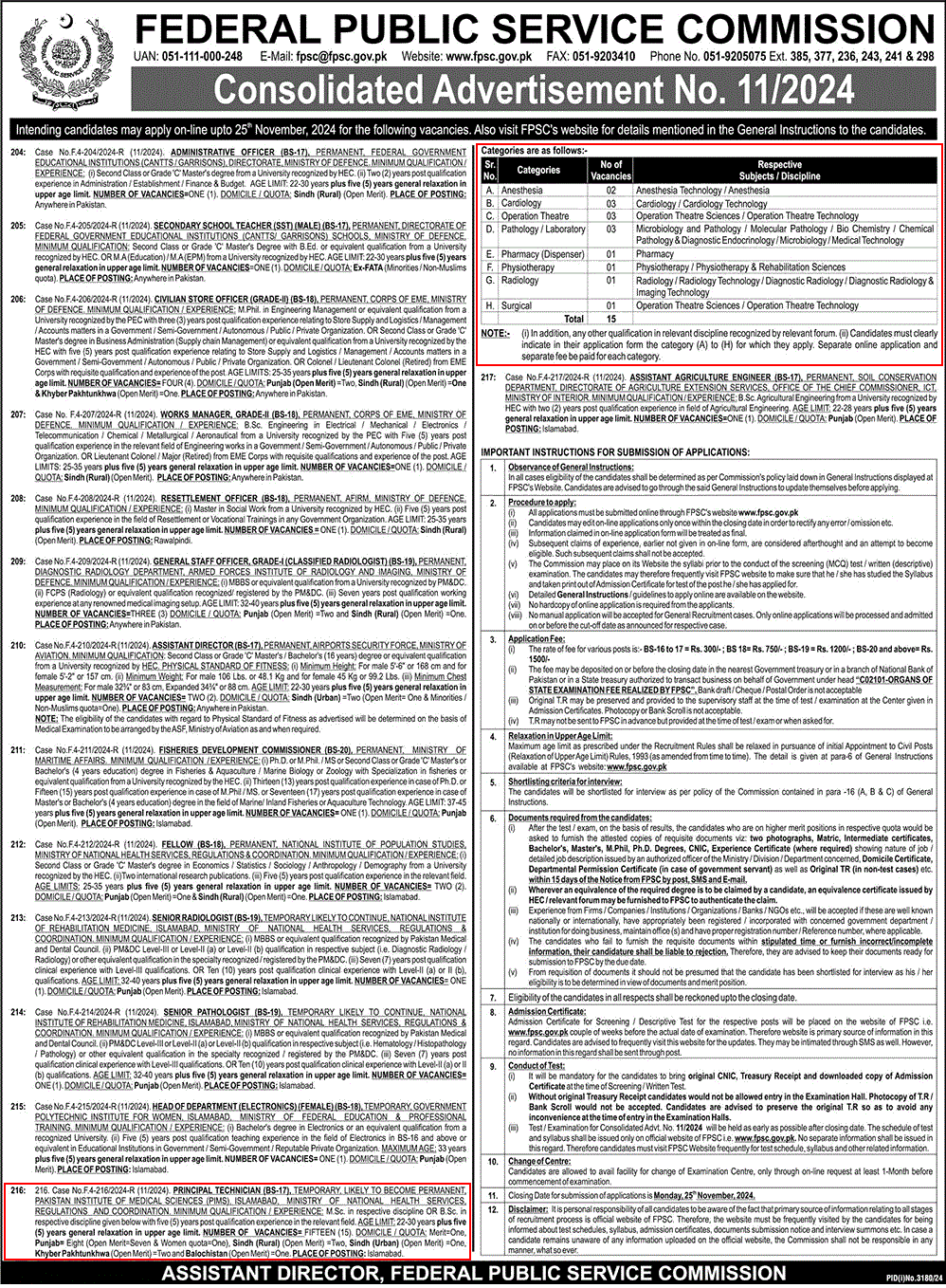 Principal / Medical Technician Jobs in PIMS Hospital Islamabad November 2024