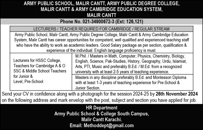 Army Public School and College Karachi Jobs November 2024