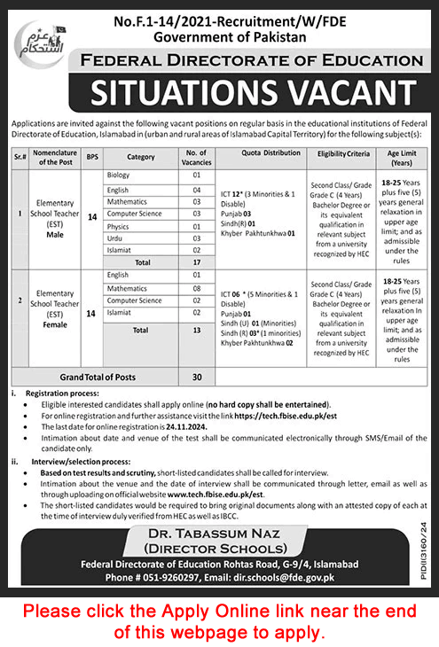 Elementary School Teacher Jobs in Federal Directorate of Education November 2024