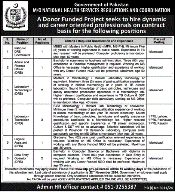 Ministry of National Health Services Regulation and Coordination Jobs November 2024