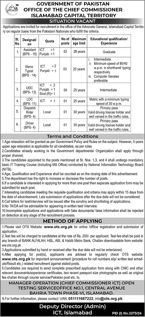 Chief Commissioner Office Islamabad Jobs November 2024