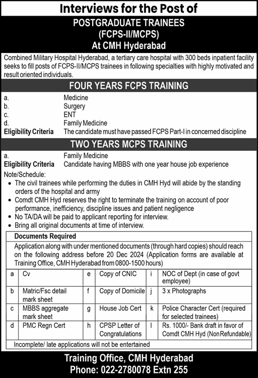 CMH Hyderabad FCPS / MCPS Postgraduate Training December 2024