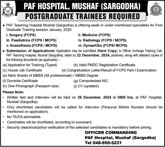 PAF Teaching Hospital Sargodha Jobs December 2024