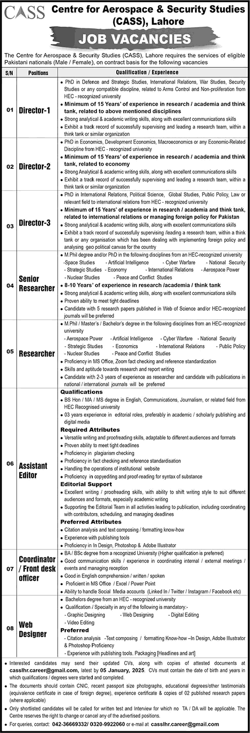 Centre for Aerospace and Security Studies Lahore Jobs December 2024