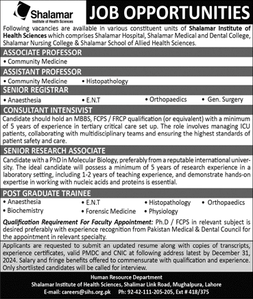 Shalamar Institute of Health Sciences Lahore Jobs December 2024