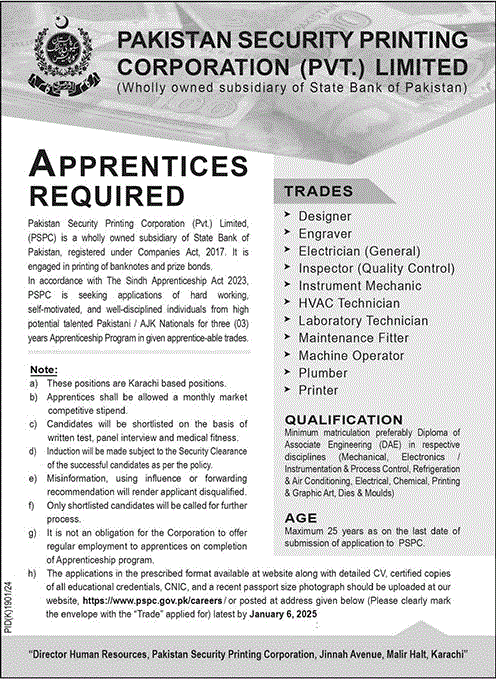 Pakistan Security Printing Corporation Apprenticeships December 2024