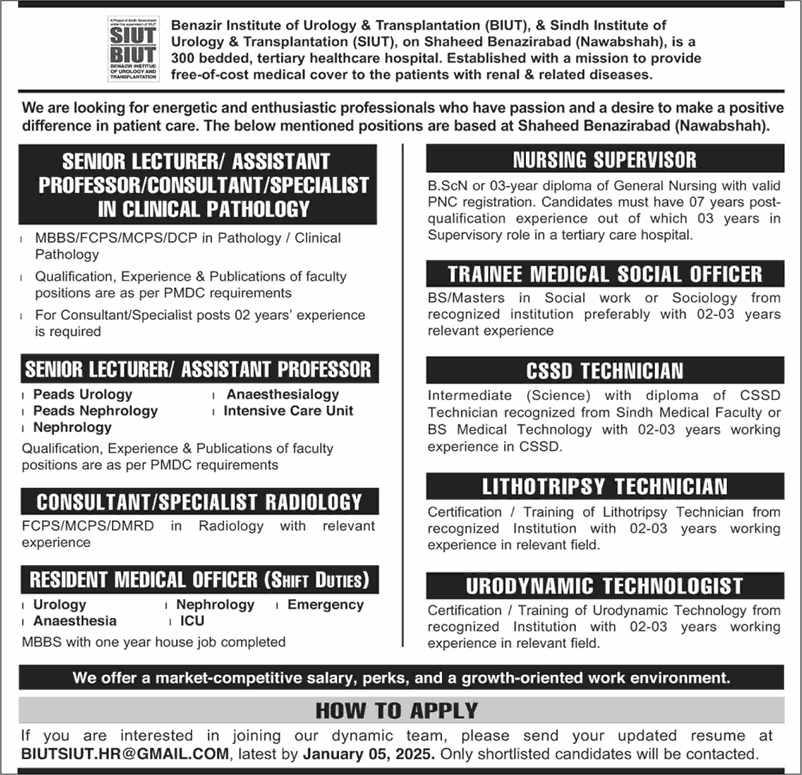 SIUT Nawabshah Jobs December 2024 / 2025