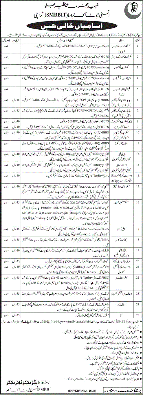 Shaheed Mohtarma Benazir Bhutto Institute of Trauma Karachi Jobs December 2024 / 2025