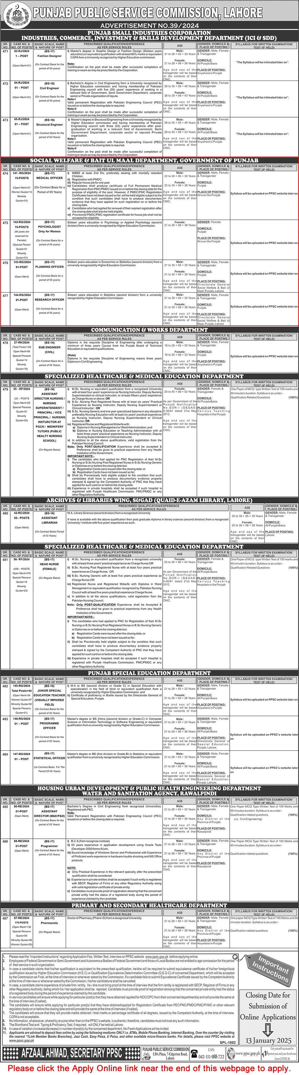 Social Welfare and Bait ul Maal Department Punjab Jobs December 2024 / 2025