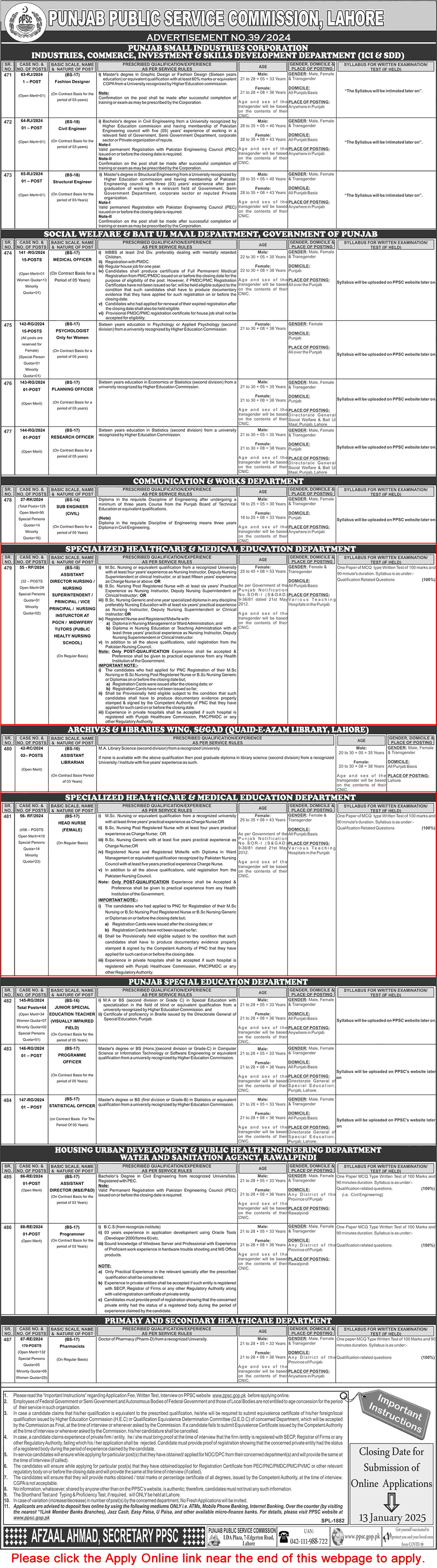 Specialized Healthcare and Medical Education Department Punjab Jobs December 2024 / 2025