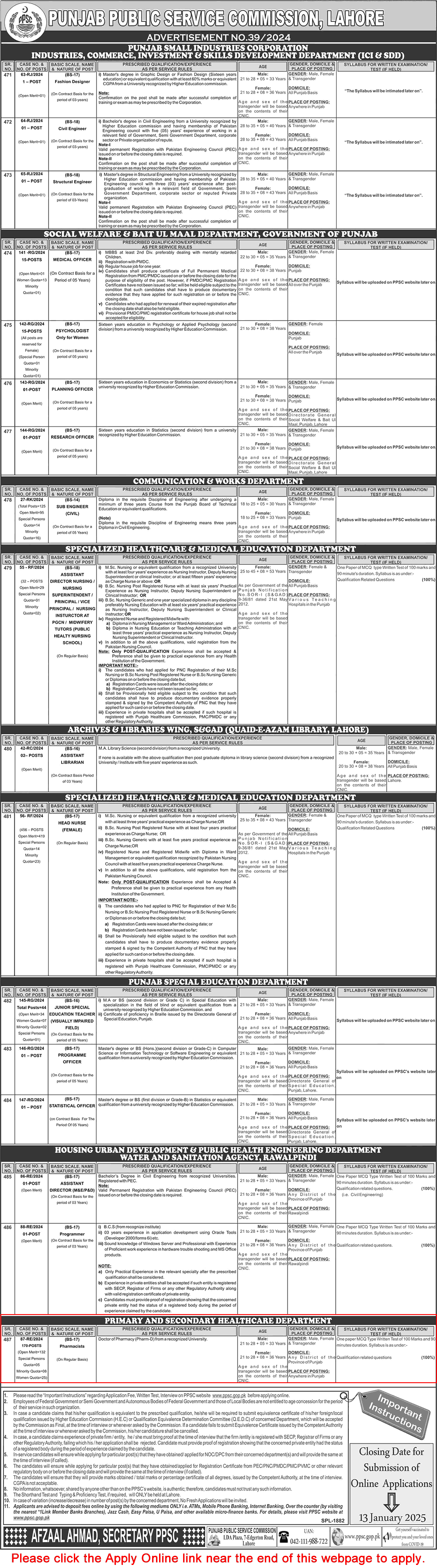 Pharmacist Jobs in Primary and Secondary Healthcare Department Punjab December 2024 / 2025