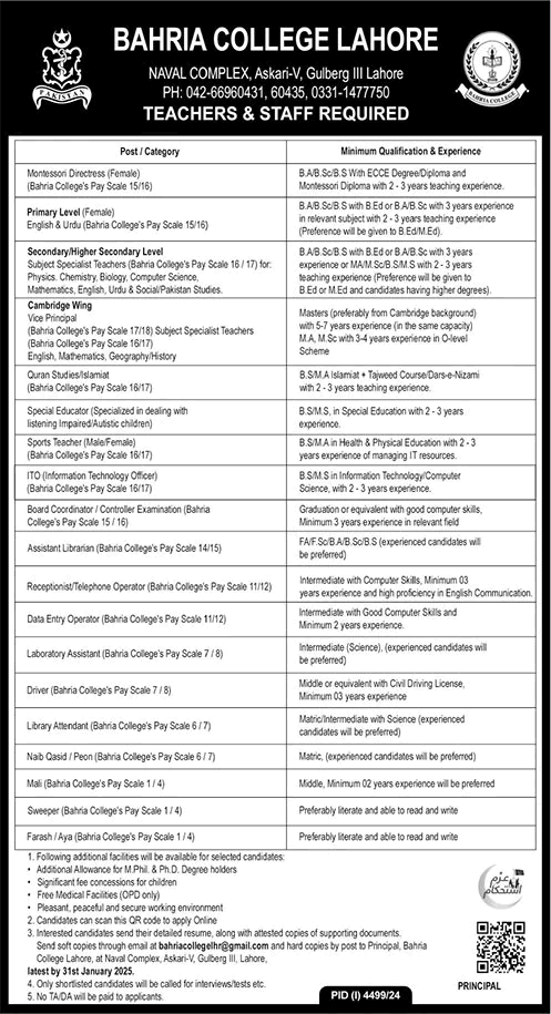 Bahria College Lahore Jobs 2025