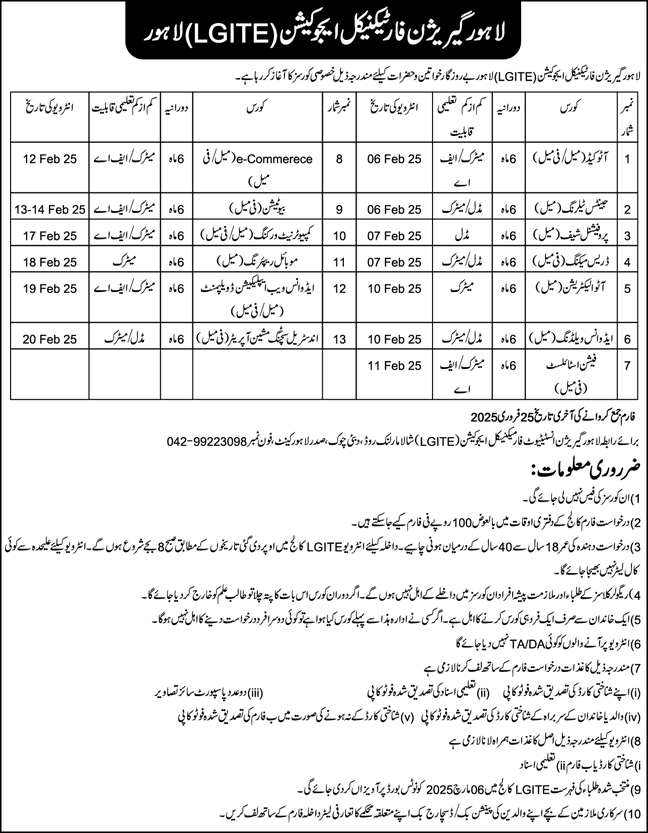 Lahore Garrison Institute for Technical Education Free Courses 2025