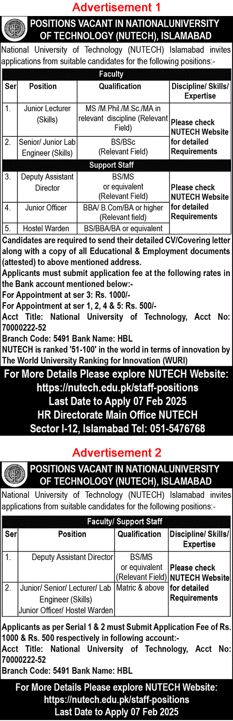 NUTECH University Islamabad Jobs 2025