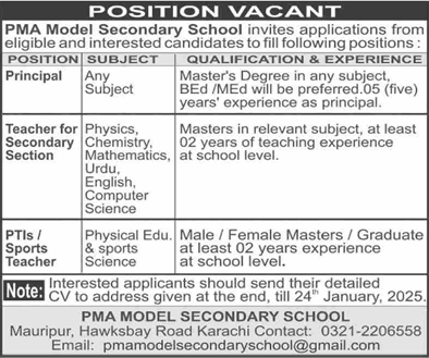 PMA Model Secondary School Karachi Jobs 2025