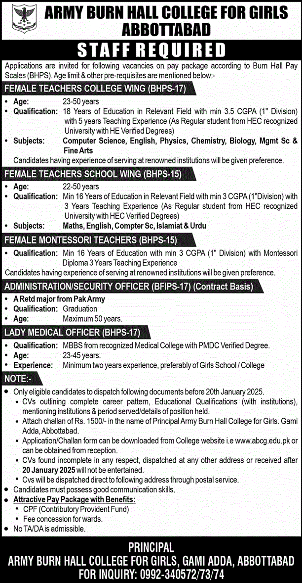 Army Burn Hall College for Girls Abbottabad Jobs 2025