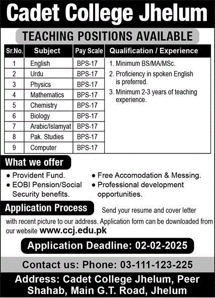 Teaching Jobs in Cadet College Jhelum 2025